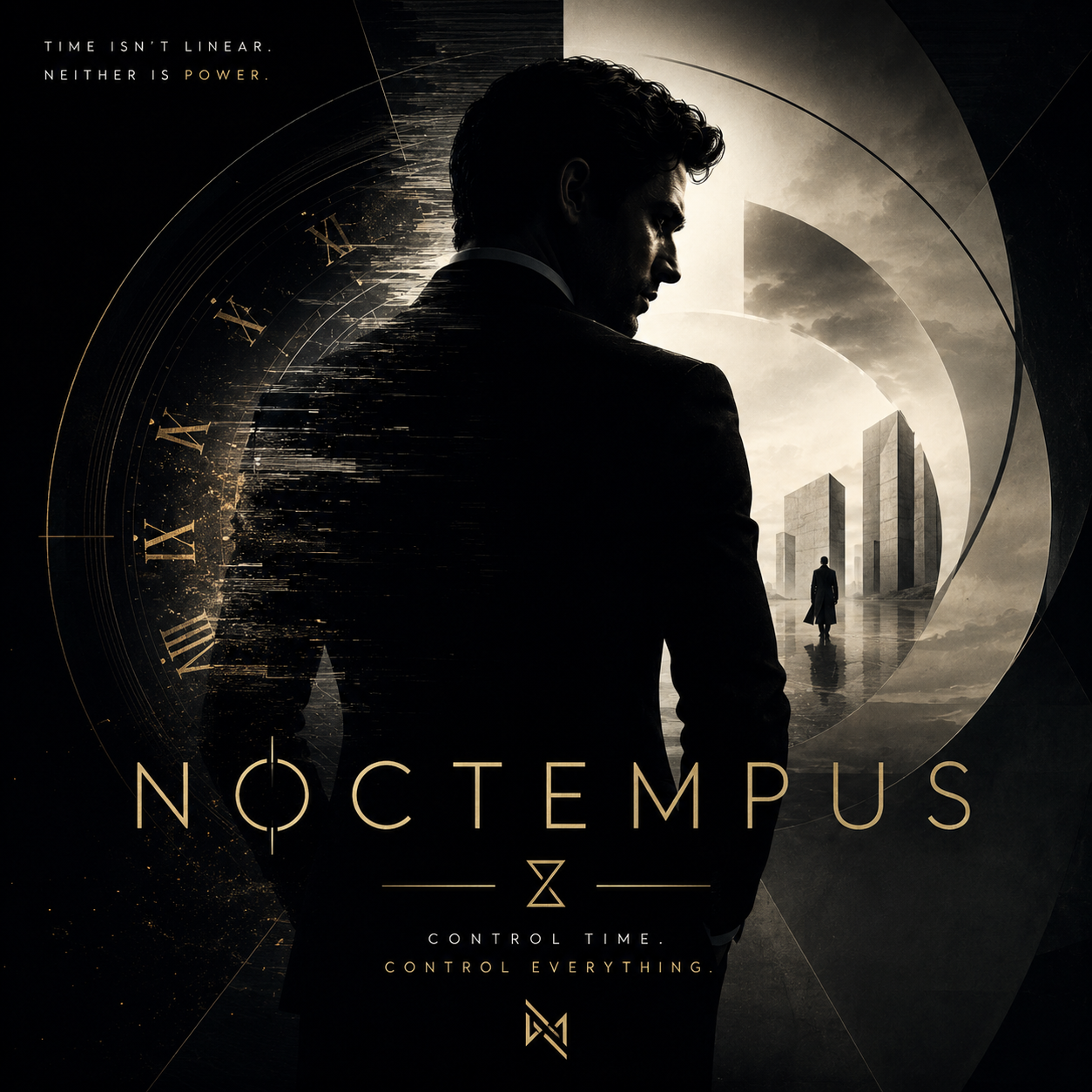 Noctempus concept artwork featuring Agent of Time Daniel Knox inside a fractured clock and temporal landscape