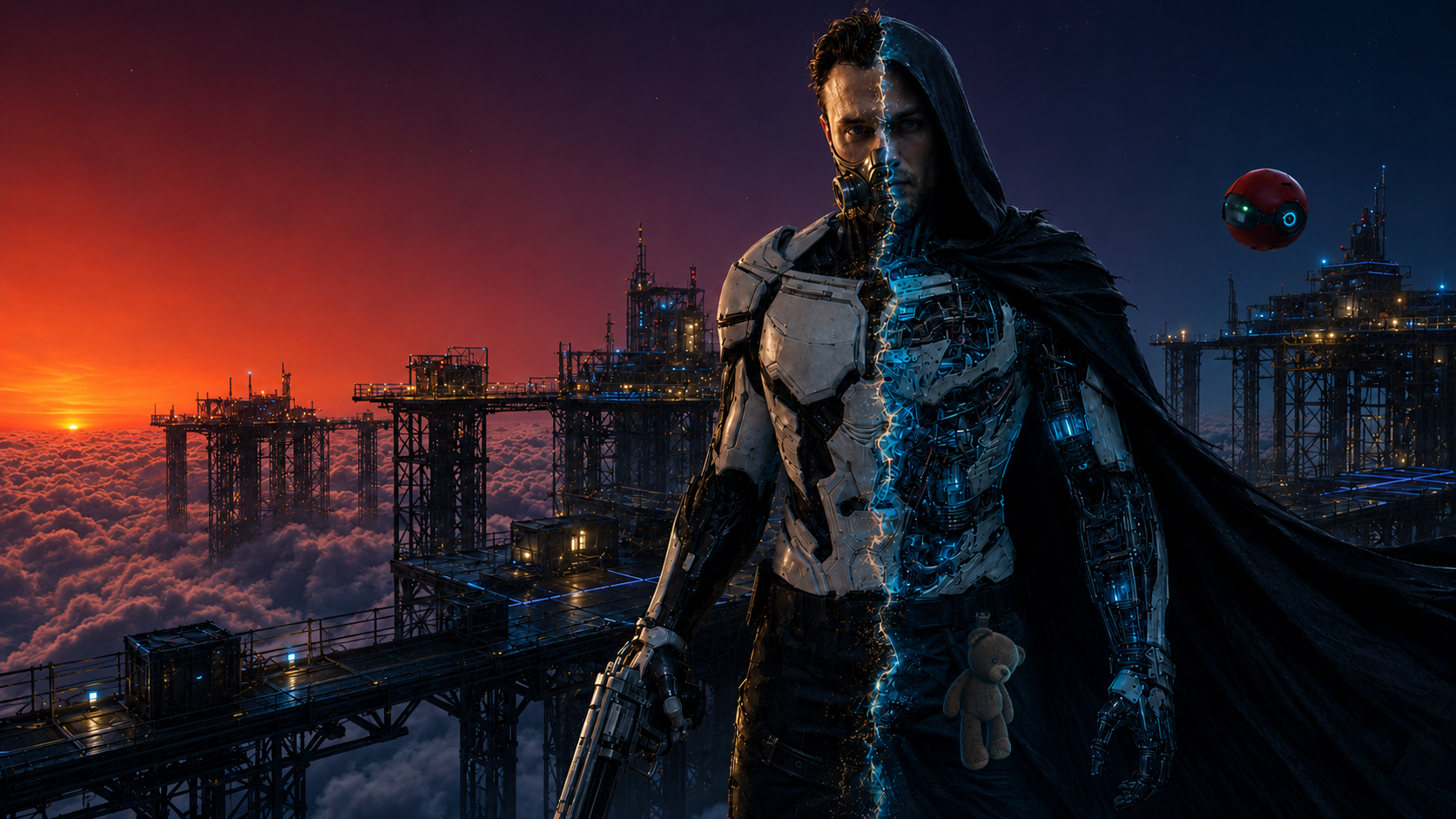Remnants of Eden key art, a human-machine figure above futuristic platforms and clouds