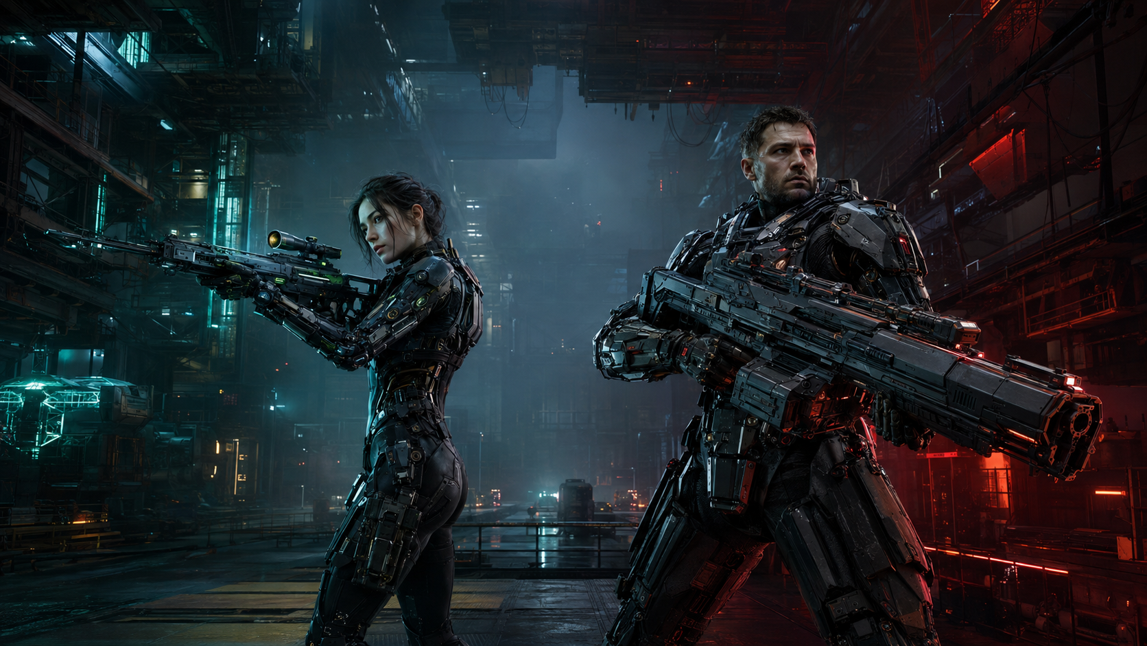 Two human-headed synthetic operators fighting together inside a futuristic industrial terminal